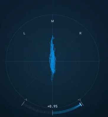 Goniometer (phase scope) showing a near-vertical Lissajous trace and a correlation arc reading +0.95 — a mostly-mono, well-correlated signal.