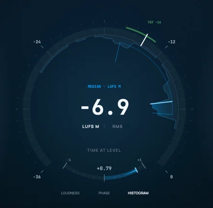 The centre instrument in its HISTOGRAM posture: a time-at-level distribution drawn as mass against the dial's own printed loudness axis, reading a median of -6.9 LUFS M, with a LUFS M / RMS unit switch, a TIME AT LEVEL caption, and a TGT -14 notch with its green tolerance band on the axis. The mode strip below has HISTOGRAM active.