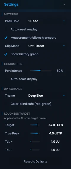 The Settings panel with sections for Metering, Goniometer, Appearance and Loudness Target, and a Reset to Defaults button.